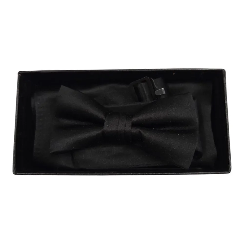 BOYS LARR BRIO SATIN BLACK BOW TIE AND POCKET SQUARE SET.